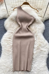 One Shoulder Knitted Bodycon Dress Office Lady Outfits Elegant Dress